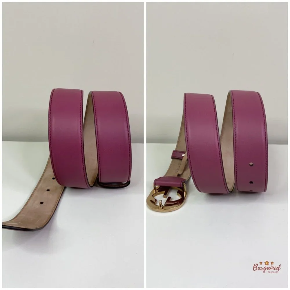 Authentic Gucci Pink Calfskin Leather Gold Interlocking G Buckle Belt 85/34 - Picture 9 of 12